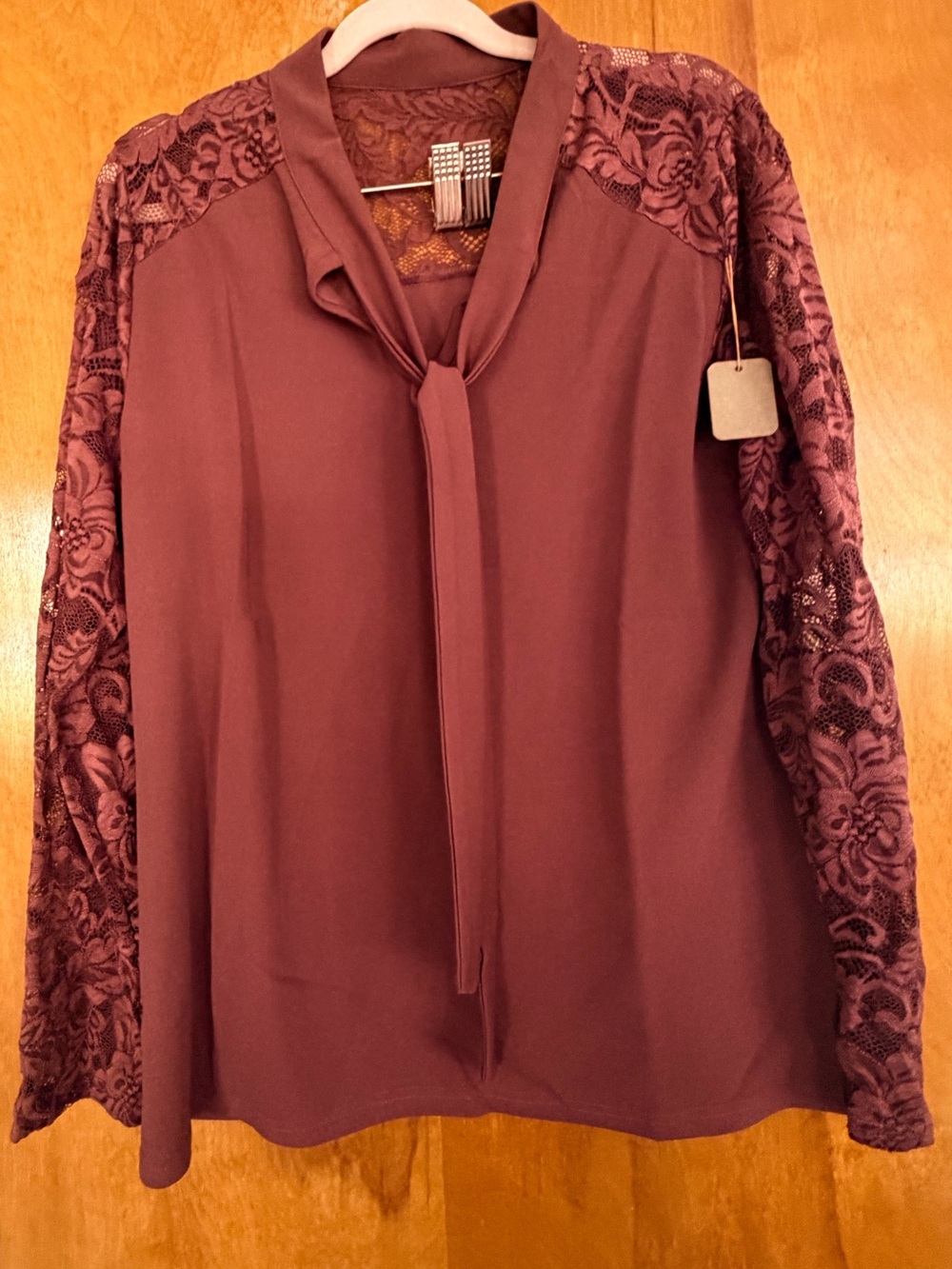 Women’s Tie-Neck Blouse with Lace Sleeves - Plum/magenta
